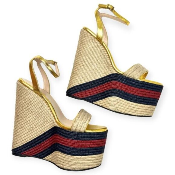 Gucci Gold Metallic Leather Jute Platform Espadrille Sandals - Picture 2 of 5